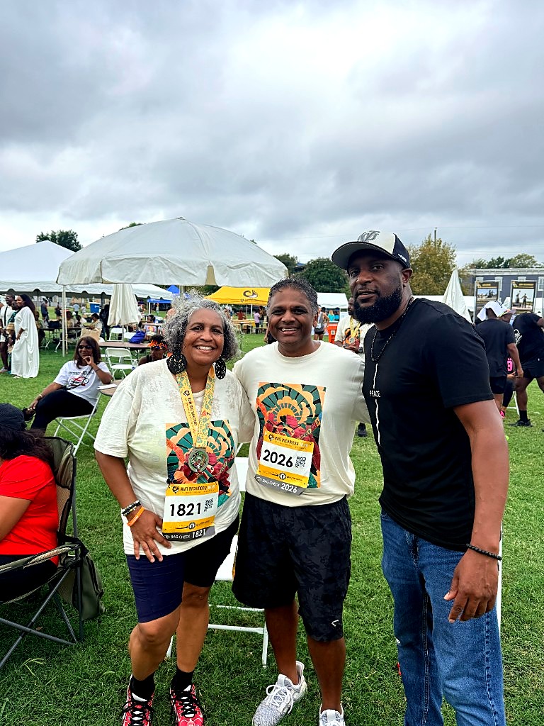 Dean Hollee Freeman, Richmond Mayor Danny Avula, and Prof. CJ Nurse posing together at Abner Clay Park