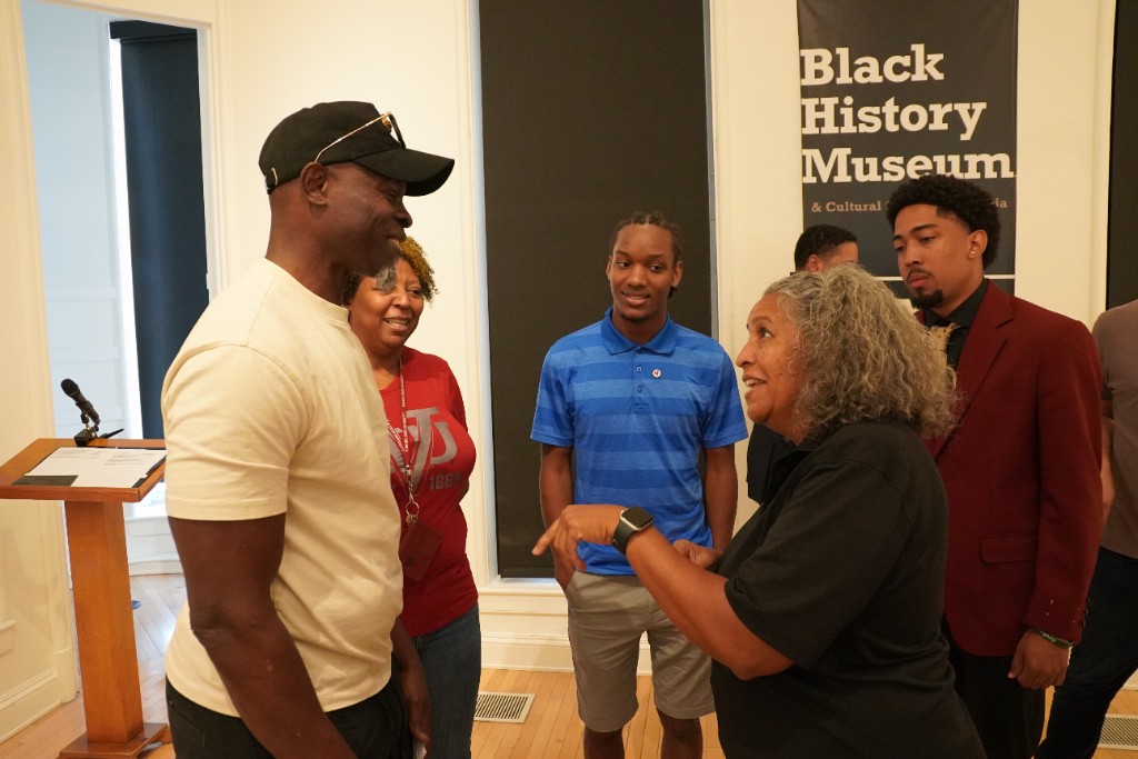 Djimon Hounsou speaking with Virginia Union University students and faculty at the Black History Museum